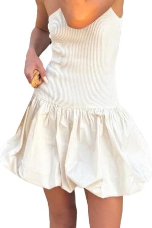 Women Strapless Mini Dress Tube Top Bubble Skirt Off Shoulder Corset Top Balloon Short Dress Club Party