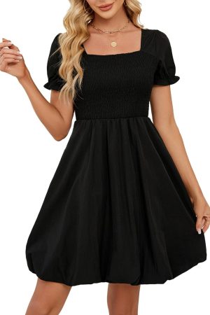 Women's Summer Bubble Dresses 2026 Trendy Casual Short Sleeves Square Neck Cute Aline Tiered Sundresses with Pockets