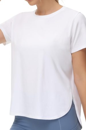 Women's Workout T-Shirts Loose Fit Short Sleeve Cotton Running Basic Tee Tops with Split Hem