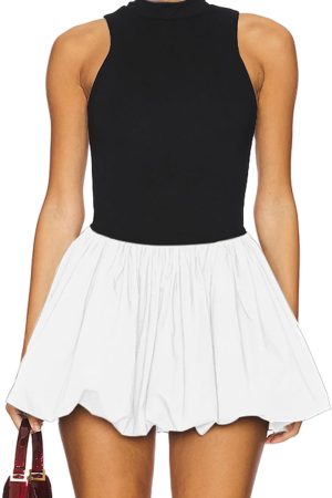 Women's Summer Bubble Mini Dress Sexy Mock Neck Sleeveless Tank Dress Party Club Bodycon Short Dresses