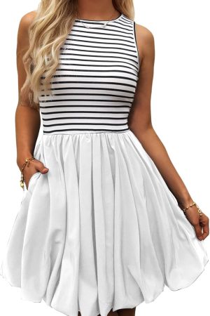 Women's Casual Bubble Mini Dress with Pockets Sleeveless Bubble Hem Striped Tank Short Dresses Summer