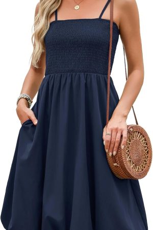 Womens Summer Smocked Sun Dress with Pockets 2026 Trendy Spaghetti Strap Boho Beach Casual Midi Bubble Dresses