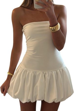 Women Strapless Mini Dress Tube Top Bubble Skirt Off Shoulder Corset Top Balloon Short Dress Club Party
