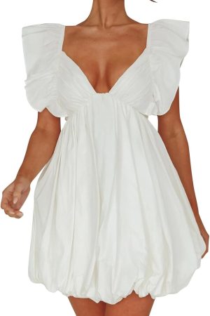 Summer Mini Dress Deep V-Neck Babydoll Dress Bubble Dress Backless Lace Up Sexy Short Dress