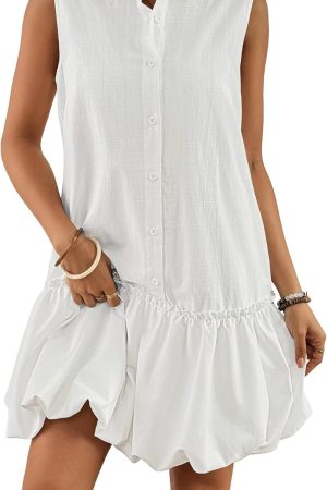 Womens Casual Summer Dresses Sleeveless Linen Bubble Mini Short Dress Button Down Shirt Sundress with Pockets