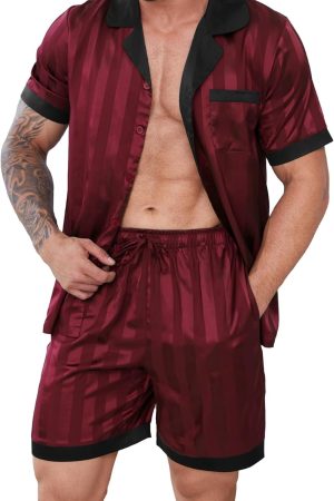 Mens Pajamas Set Satin Silk Pajama For Men  Shorts Sexy Nightwear Button Down 2 Piece