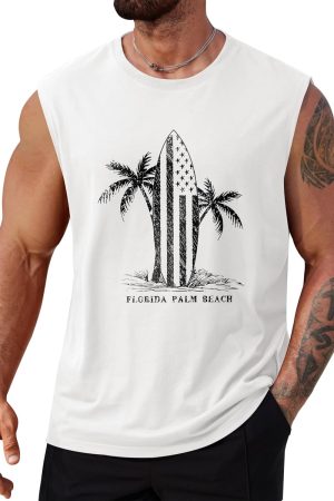 Mens Beach Summer Tank Tops Palm Tree Graphic Vacation Muscle Sleeveless Shirts (S-3XL)