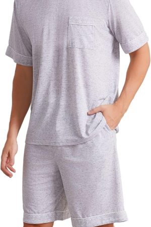 Mens Pajama Set Short , 2 Piece Lightweight Pajamas for Men  with Pockets