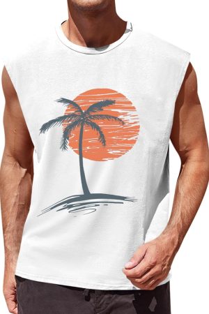 Mens Sleeveless Tank Tops Workout Gym Muscle Shirts Palm Tree Vintage Hawaiian Summer Beach T Shirts