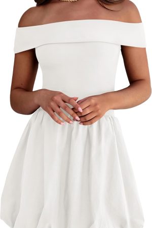 Women Summer Sexy Off Shoulder Bubble Dress 2026 Knit and Woven Cocktail Party Mini Dresses with Pockets