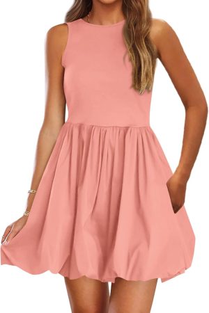 Summer Dresses for Women 2026 Casual Sleeveless Tank Mini Short Dress Crew Neck Bubble Sundress with Pockets