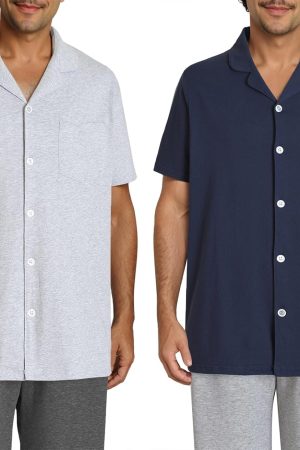 Men's Cotton Knit Sleep Shirt Button Down Pajama Top 2 Pack
