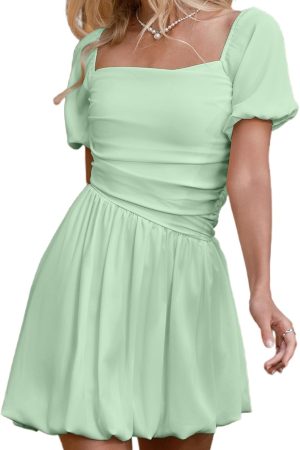 Women's Square Neck Short Puff Sleeve Bubble Dress Smocked Ruched Dresses Casual Wear