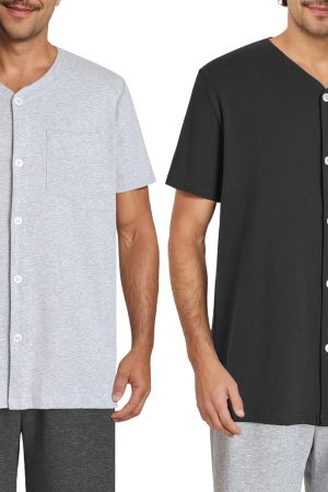 Men's Button Up Pajama Shirt Cotton Sleep Top 2 Pack