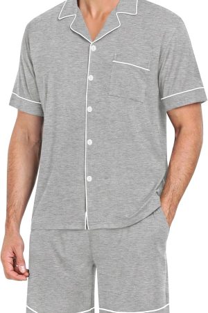 Mens Pajama Set Short Sleeve 2 PCS Sleepwear Button Down Soft Loungewear Modal Set Pj Set with Pockets