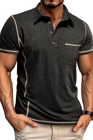 Men's Casual Polo Shirts Button Collared Short Sleeve T Shirt Classic Stylish Pullover Tee with Pocket