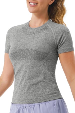 Womens Short Sleeve Athletic Shirts Slim Fit Breathable Running Shirts Moisture Wicking Yoga Workout Tops