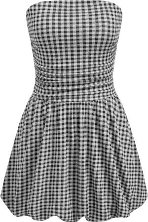 Women's Cocktail Dress Gingham Bubble Tube Dress Strapless Ruched Sleeveless Dresses for Summer Trendy